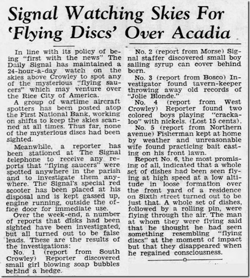 1947 07 10 The Weekly Acadian Rayne LA  _local looking for saucers