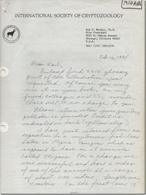Letter from Prof Roy Mackal to Dr Karl Shuker, 16 Feb 1994, p1