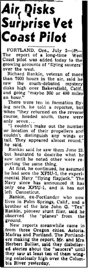 Air Disks Surprise Vet Coast Pilot - Indiana Evening Gazette 7-2-1947