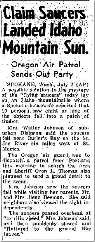 Claim Saucers Landed Idaho Mountain Sun - Arizona Daily Sun 7-7-1947