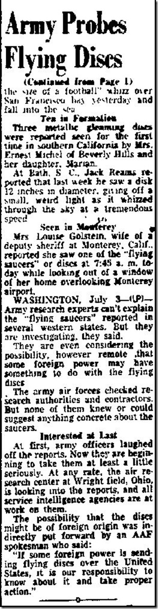 Flying Disc Stories Being Probed By Army (Cont) - San Mateo Times 7-3-1947