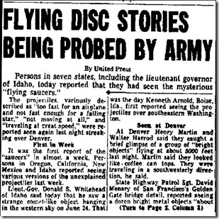 Flying Disc Stories Being Probed By Army - San Mateo Times 7-3-1947