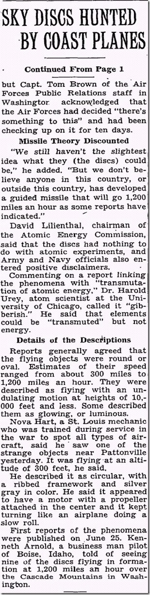 Military Planes Hunt Sky Discs (B) New York Times - 7-6-1947