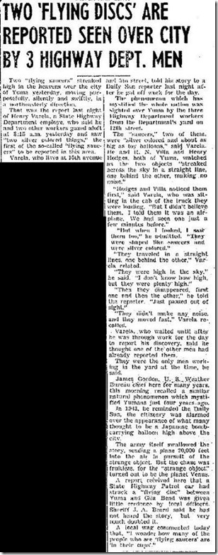 Yuma Joins Flying Saucer Parade (Body) - Yuma Daily Sun 7-9-1947
