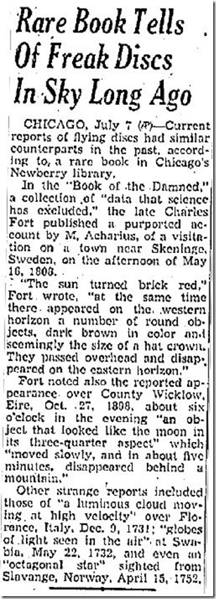 Rare Book Tells of Freak Discs in Sky Long Ago - Albuquerque Journal 7-8-1947
