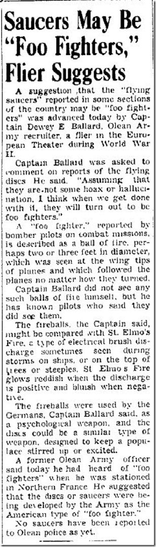 Saucers May Be 'Foo Fighters' Flier Suggests - Olean Times Herald 7-8-1947