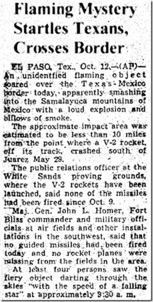 Flaming Mystery Startles Texans, Crosses Border - AP- 10-12-1947  (Crpd)