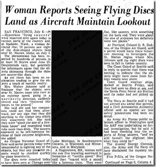 Woman Reports Seeing Flying Dics Land as Aircraft Maintain Lookout - Richmond Times-Dispatch 7-7-1947