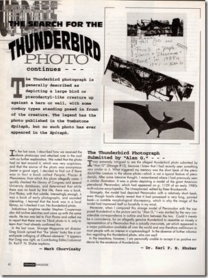 My exposure of the Alan G thunderbird photo as fake, Strange Mag, no 16, Fall 1995