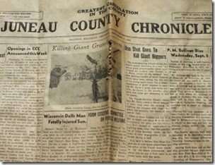 Juneau County Chronicle, 16 Sept 1937, giant grasshopper hoax