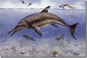 Illustration-representing-Ichthyosaurus-and-other-marine-animals-swimming-in-sea