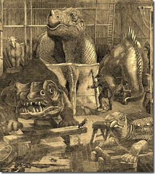 A veritable mausoleum of monsters - some of the Crystal Palace dinosaur sculptures by Waterhouse, sepia, pub dom