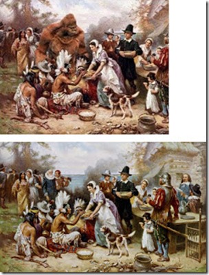 Bigfoot-including fake and unmodified original versions of Ferris's The First Thanksgiving 1621 painting