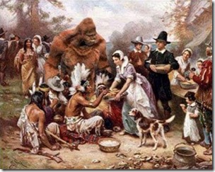 Faked bigfoot-including version of The First Thanksgiving 1621, painting by Jean Leon Gerome Ferris, c1912-c1915, public domain