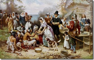 The First Thanksgiving 1621, painting by Jean Leon Gerome Ferris, created between c1912 and c1915, public domain