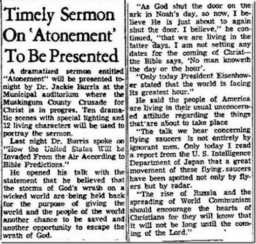 Zanesville Signal OH, Apr 1953 sermon christian crusade Jackie Burris