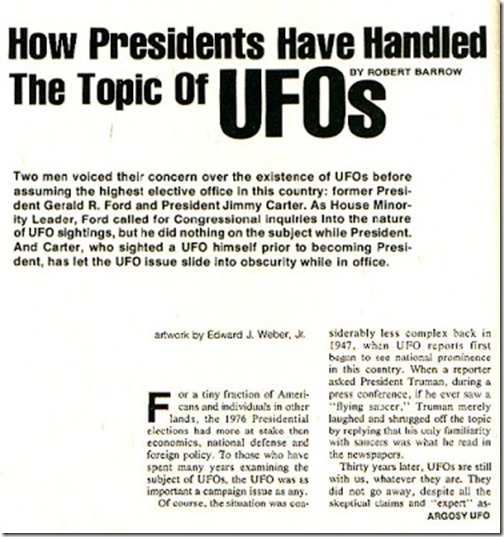 How Presidents Have Handled The Topic of UFOs (Pg 1) - By Robert Barrow - Argosy UFO 1977-78