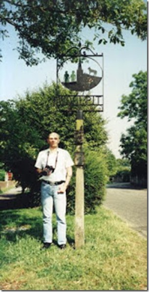 Dr Karl Shuker and Woolpit village sign