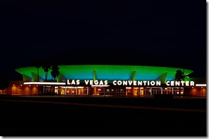 (Original Caption) The Las Vegas Convention Center, (a large saucer shaped building with aluminum roof), and the nearly completed Landmark Hotel and Casino (tall structure), are night views to take notice of. This is a long lens shot made across desert east of Las Vegas Strip. The circular area at top of Landmark Hotel will house a restaurant.