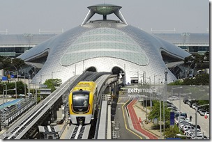 Incheon, South Korea - South Korea's first magnetically levitated train to be operated on the northwestern island of Yeongjong, where Incheon International Airport is located, is unveiled at the airport on May 14, 2014. It is scheduled to start operation on a 6.1-km route in mid-July. (Photo by Kyodo News via Getty Images)