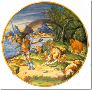 Jason with the Golden Fleece, tin-glazed earthenware plate, created c1540 AD, public domain