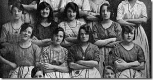 Historical Geography. 1900. Ireland. Here are some happy Ulster girls from a linen factory of North Ireland's chief city. Irish linen long ago made a name for itself, and many of the finest handkerchiefs and lingerie come from this source. The flax fibre is derived from the stalk of the plant. Each girl in the photograph has round her waist a cord sustaining various implements used in her work. (Photo by: SeM/Universal Images Group via Getty Images)