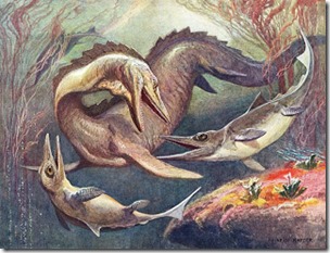 Mosasaur and ichthyosaurs, Heinrich Harder, public domain