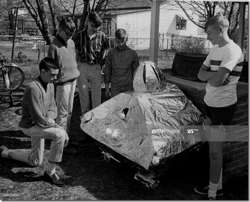 APR 9 1966, APR 10 1966; It's a Saucer, But Will It Fly?; Five boys in the 800 block of S. Raritan St. have constructed their version of a flying saucer. It's made of corrugated cardboard, sheets of aluminum, four colored lights and an extension cord from the house to light it up. The boys, from left, are Mike Hill, 14, and Stephen Hill, 12, both of 831 S. Raritan St; Danny Reneau, 14, 801 S. Raritan St; John Holk, 12, 804 S. Raritan St., and Dan Reilly, 16, 809 S. Raritan St. It started as an April fool trick but the boys kept working on it.;  (Photo By Cloyd Teter/The Denver Post via Getty Images)