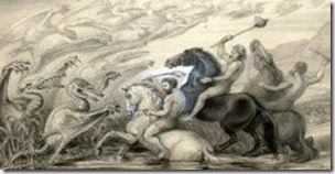 Benjamin Waterhouse Hawkins's drawing of cavemen on horseback battling pterodactyls