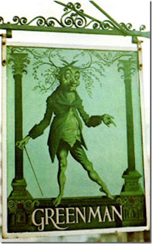 Humanoid insect-like Green Man or Jack-in-the-Green, London pub sign, Mike Busselle-Aldus Books, 1978