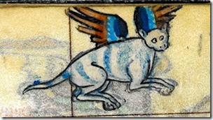 Winged cat, close-up, in Maastricht Hours, f 174r