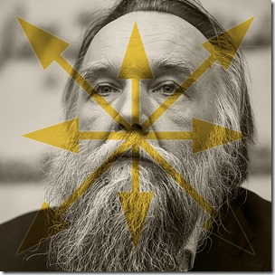 Alexander Dugin with symbol from Eurasia Party
