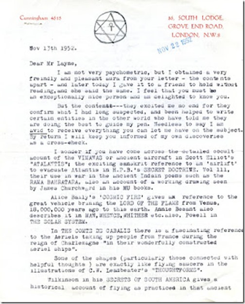 Desmond Leslie letter to Meade Layne Nov 13, 1952 bl