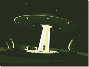 Alien plate abducts man. Spaceship at night. Vector flat illustration