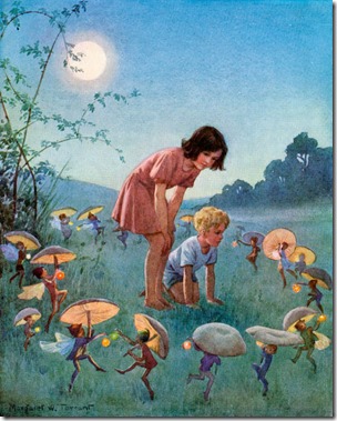 Midsummer Night, with a boy and girl on the edge of the forest watching fairies dance with mushroom umbrellas (by Margaret Tarrant, English, 1888 - 1959), 1920. Screen print. (Photo by GraphicaArtis/Getty Images)