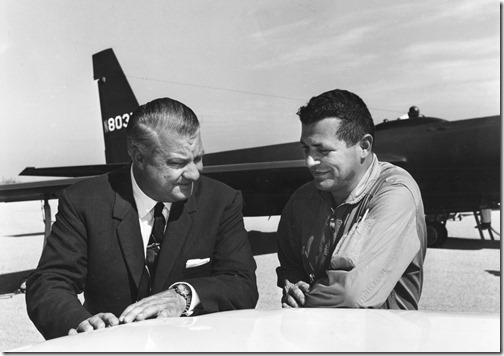 Francis Gary Powers (right) with U-2 designer Kelly Johnson in 1966. Powers was a USAF fighter pilot recruited by the CIA in 1956 to fly civilian U-2 missions deep into Russia. Powers and other USAF Reserve pilots resigned their commissions to become civilians. (U.S. Air Force photo)