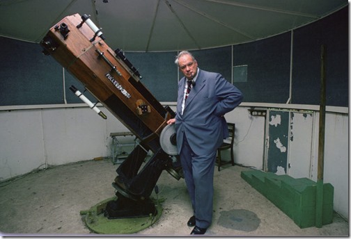 UNITED KINGDOM - MAY 01:  Astronomer Sir Patrick Moore with his telescope in his own Observatory at home in Sussex, England.  (Photo by Tim Graham/Getty Images)