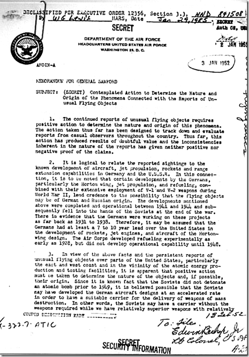 Garland Memo To Samford (Air Force UFO Detaction Plan) (1 of 3) 1-2-1952