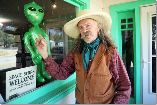 Local historian and author Jim Gray at the entrance to the Geneseo City Museum. The town of 200 in Rice County has proclaimed itself the "UFO Capital of Kansas." Max McCoy/Kansas Reflector