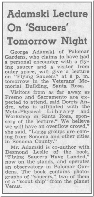 Adamski lecture on Saucers 1954, The_Press_Democrat_Wed__Mar_3__1954 bl