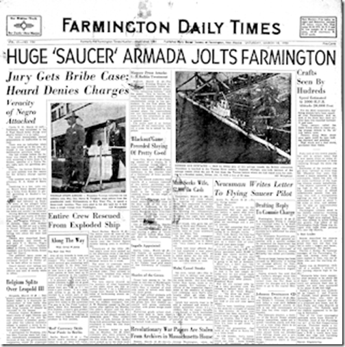 Huge 'Saucer' Armada Invades Farmington (Headline) - The Farmington Daily Times 3-18-1950