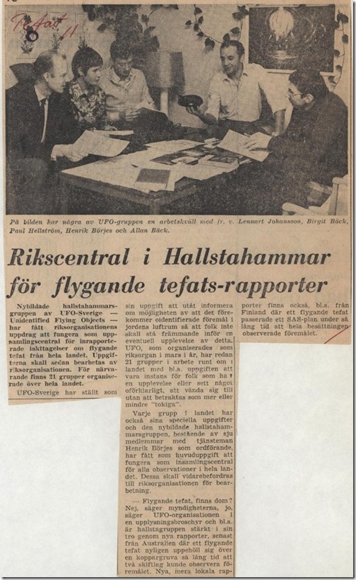 19701218_Vestmanlands Läns Tidning, Rikscentral i Hallsthammar för flygande-tefats-rapporter, UFO-Hallstahammar ny bl2