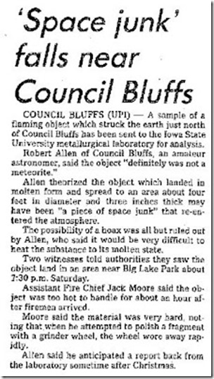 Space Junk Falls Near Council Bluff - Cedar Rapids Gazette 12-20-1977