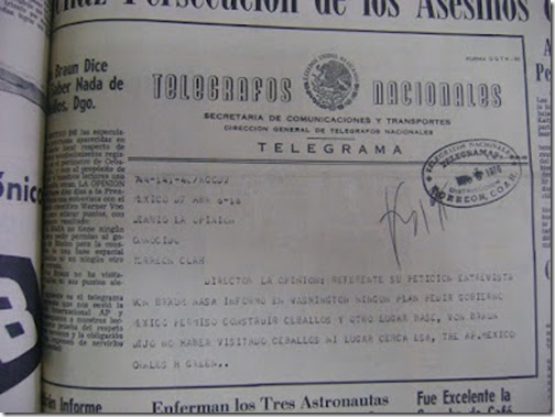 telegrama de la NASA a La Opinion Torreon. Von Braun nunca estuvo en Torreon