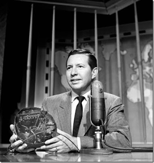 NEW YORK - JANUARY 22: Armstrong Circle Theater, a CBS television anthology series. Show host and narrator Douglas Edwards readies for episode titled, UFO: Enigma of the Skies. Broadcast January 22, 1958. (Photo by CBS via Getty Images) 