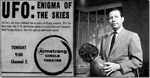 NEW YORK - JANUARY 22: Armstrong Circle Theater, a CBS television anthology series. Show host and narrator Douglas Edwards readies for episode titled, UFO: Enigma of the Skies. Broadcast January 22, 1958. (Photo by CBS via Getty Images) 