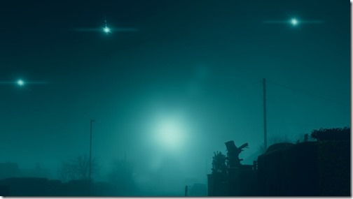 Glowing UFO lights in the sky. In a quiet empty road in a suburban town. On a quiet, atmospheric foggy winters day. UK