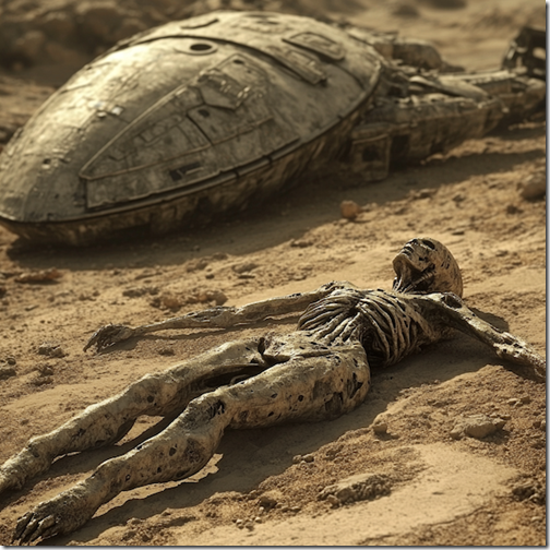 UFO wreckage with an alien body lying on the ground nearby. --v 6.1 Job ID: 822801cc-6689-4c9e-81a6-96664c7436b1