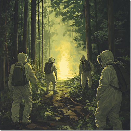 Figures in hazmat suits approach a glowing light in the forest. --v 6.1 Job ID: 06098104-ec14-4561-9e72-15ab27151280