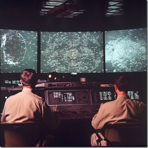 Men hunched over radar screens in a radar station. --v 6.1 Job ID: 68a25ff1-b27e-4ee0-9510-95d55835e138